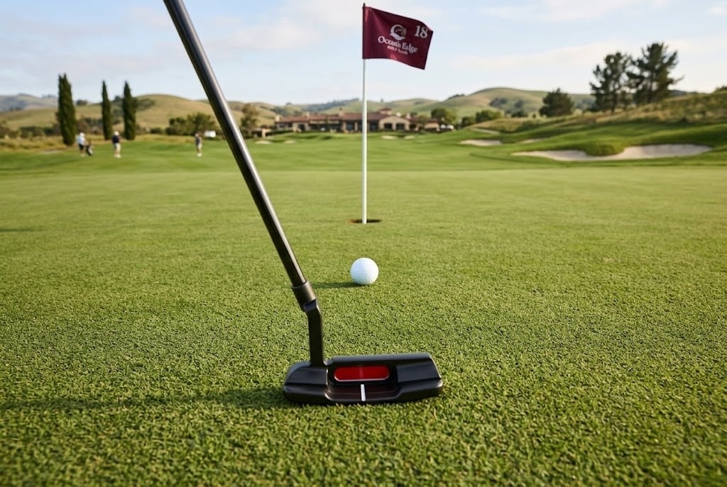 Putter and golf ball on the 18th green
