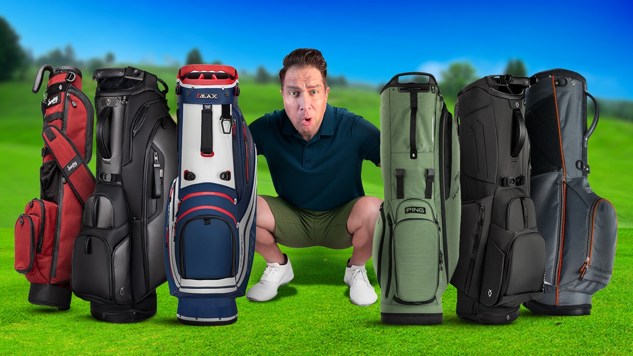 Man comparing multiple golf bags on course