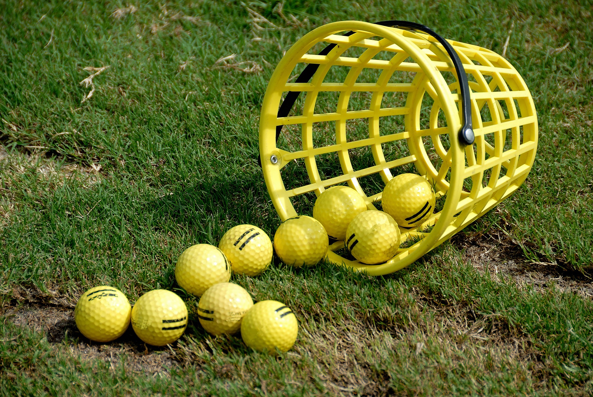 Yellow golf balls spilling from a basket