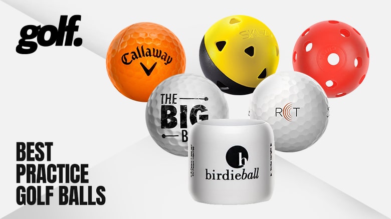 Various practice golf balls displayed together.