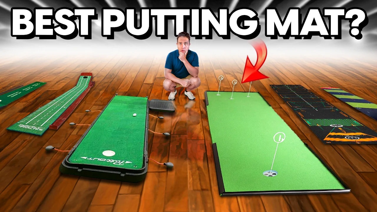 Man comparing different golf putting mats
