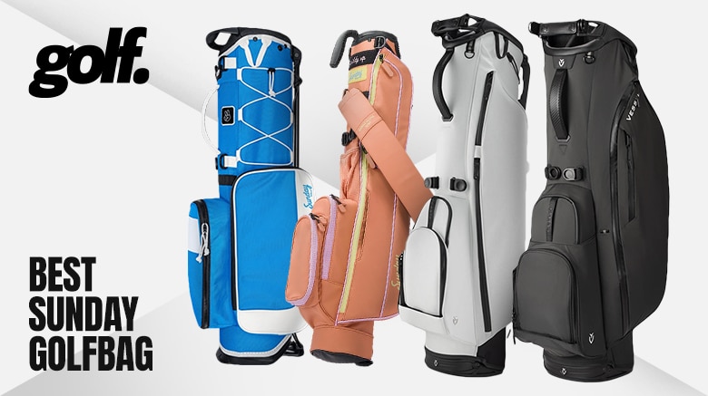 Variety of stylish golf bags displayed prominently.