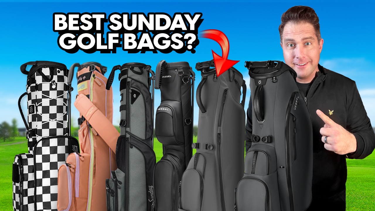 Man pointing at lineup of Sunday golf bags