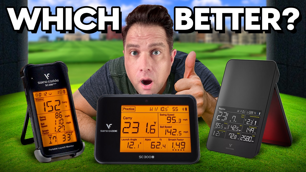 Man comparing three golf launch monitors outdoors