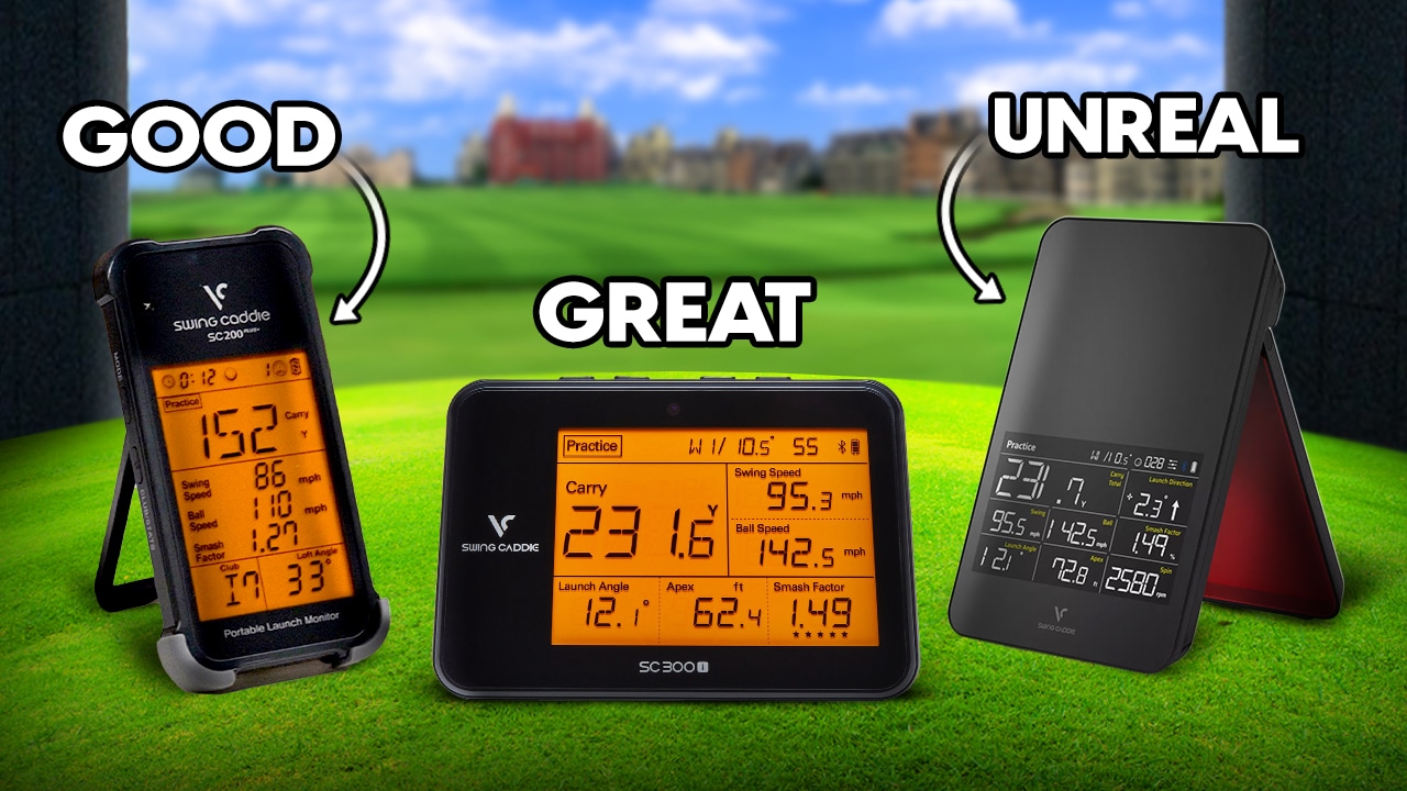 Three golf launch monitors on golf course