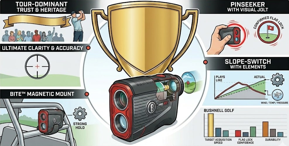 Golf rangefinder with trophy and feature highlights