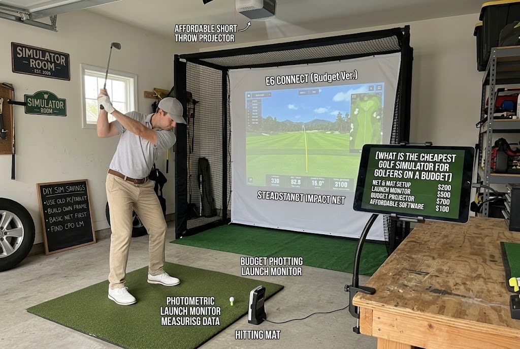 Man using golf simulator in garage setup