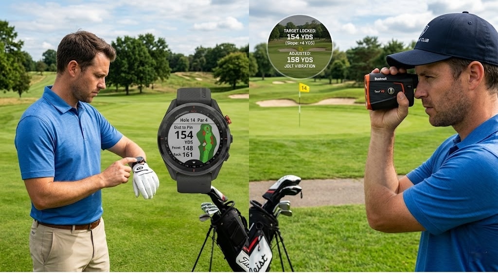 Golfer using smartwatch and rangefinder on course