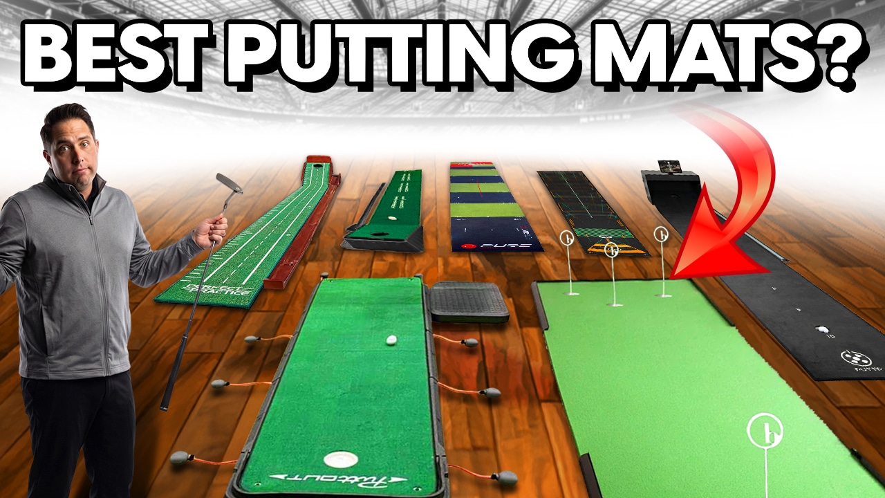 Man comparing indoor golf putting mats