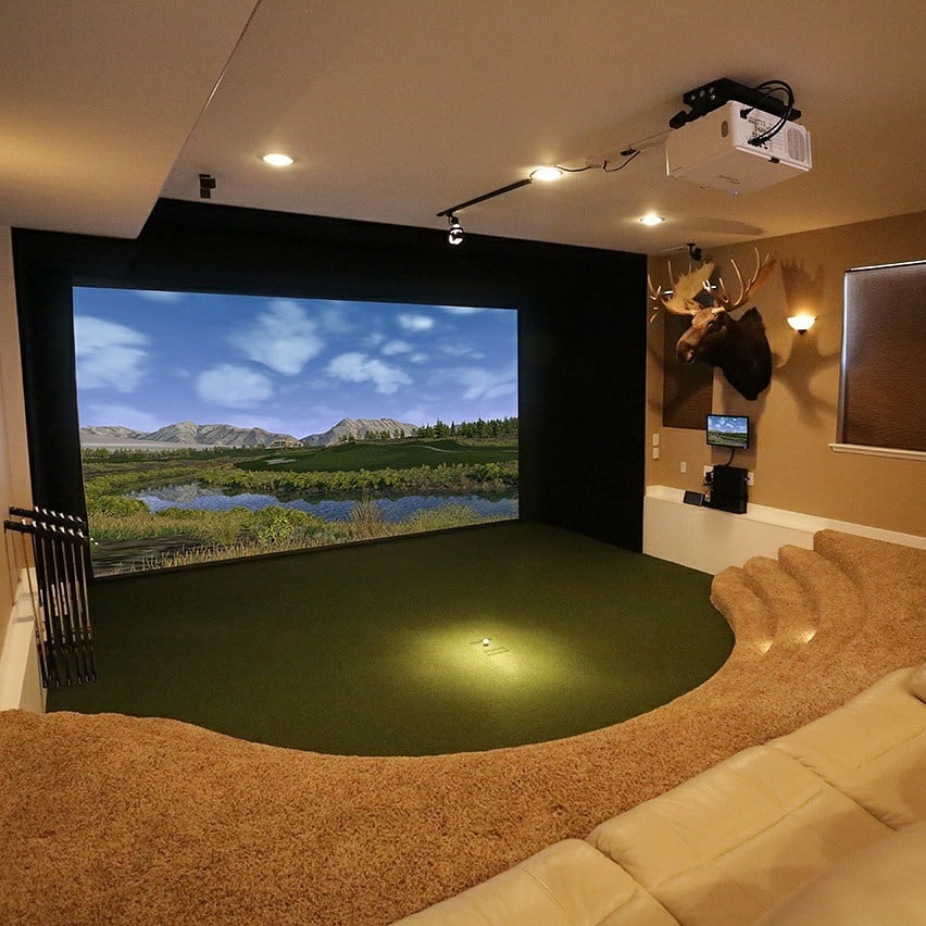 Indoor golf simulator with large projection screen