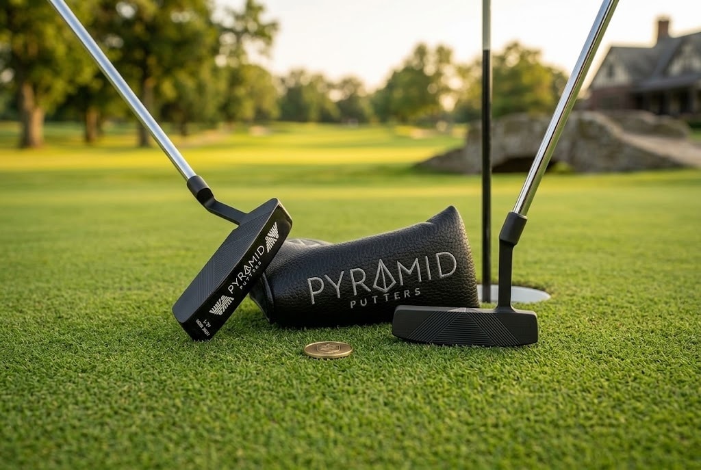 Pyramid Putters beside golf hole on sunlit green