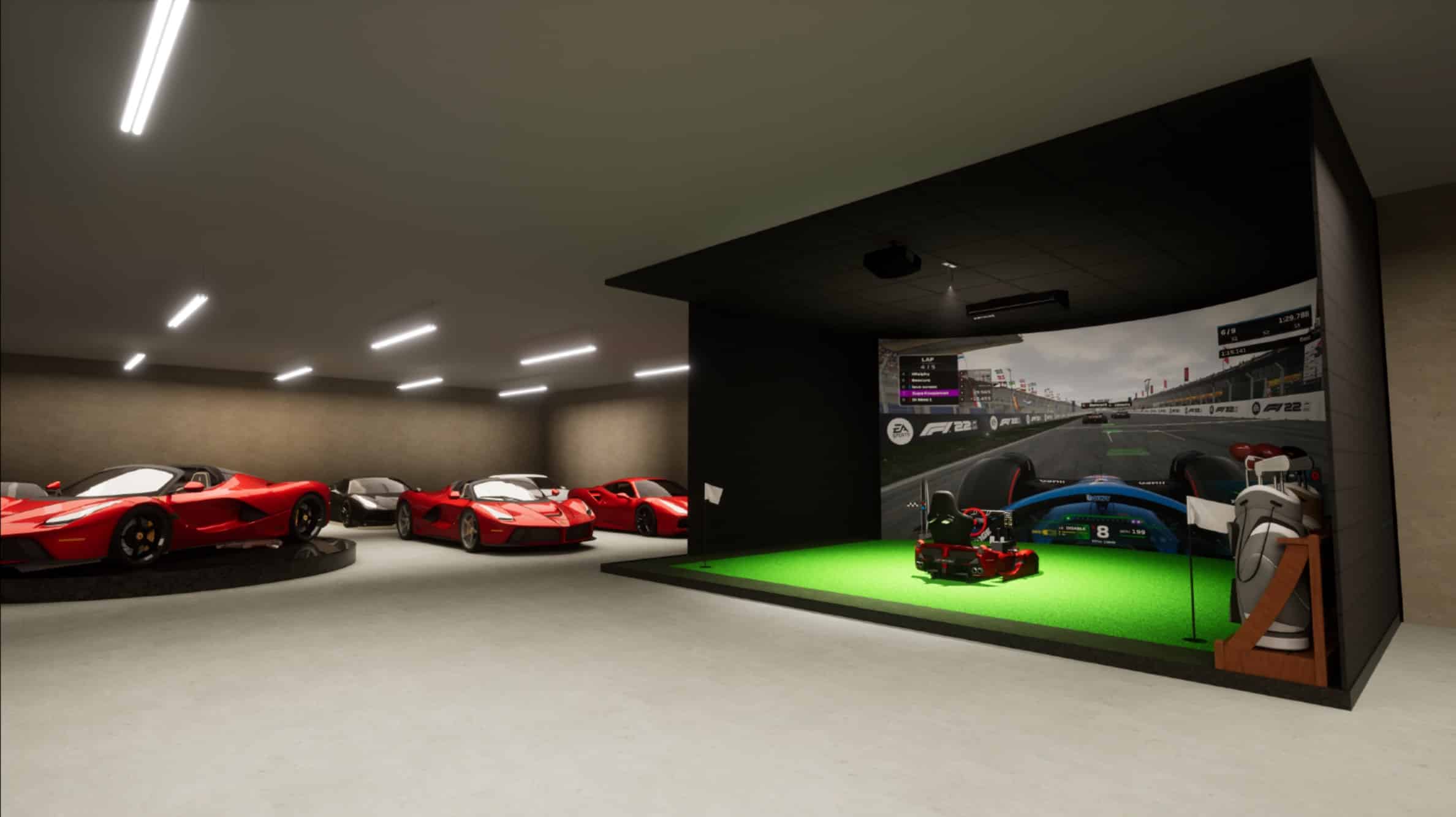 Luxury garage with cars and racing simulator setup