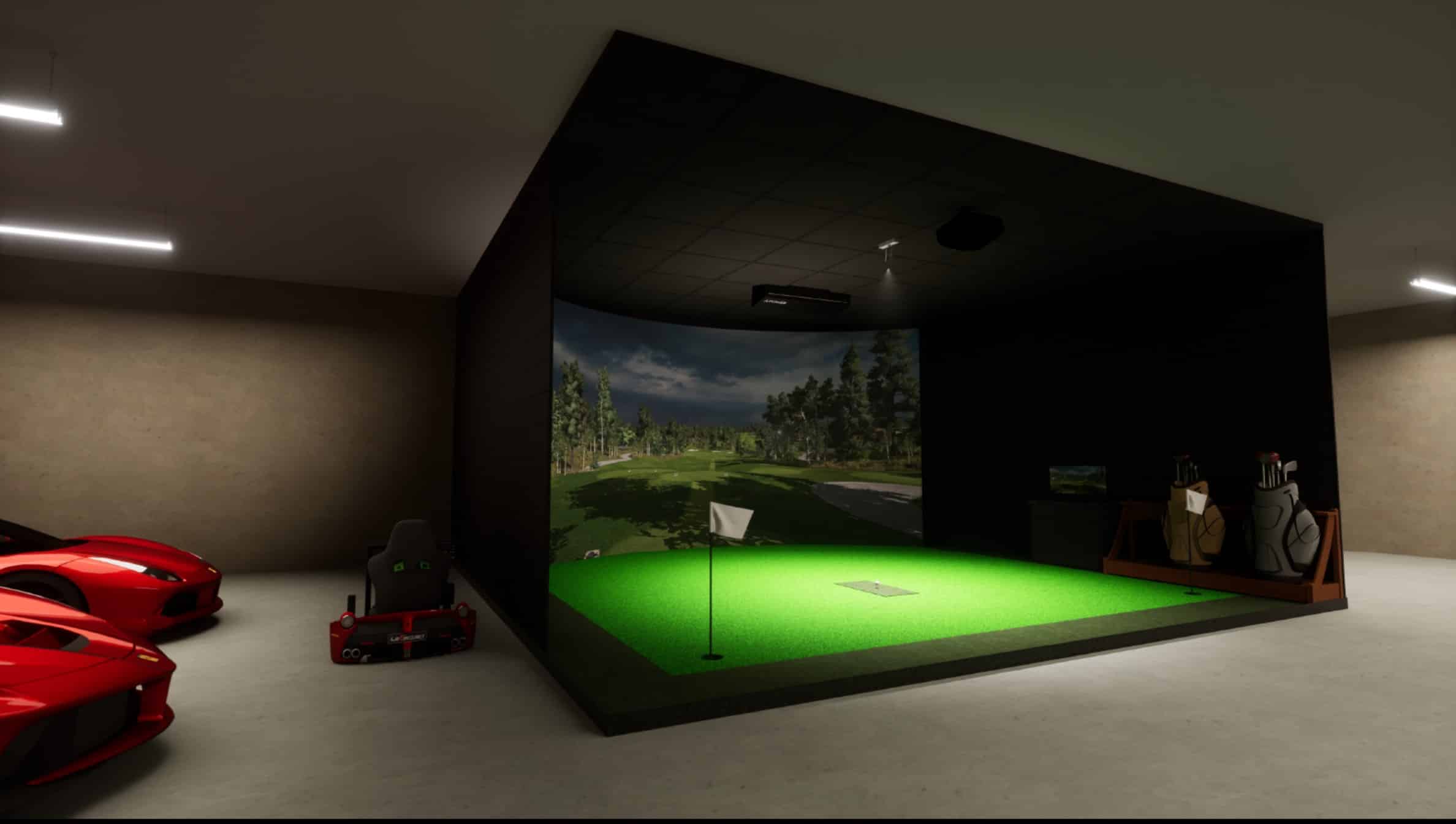 Luxury garage with indoor golf simulator setup
