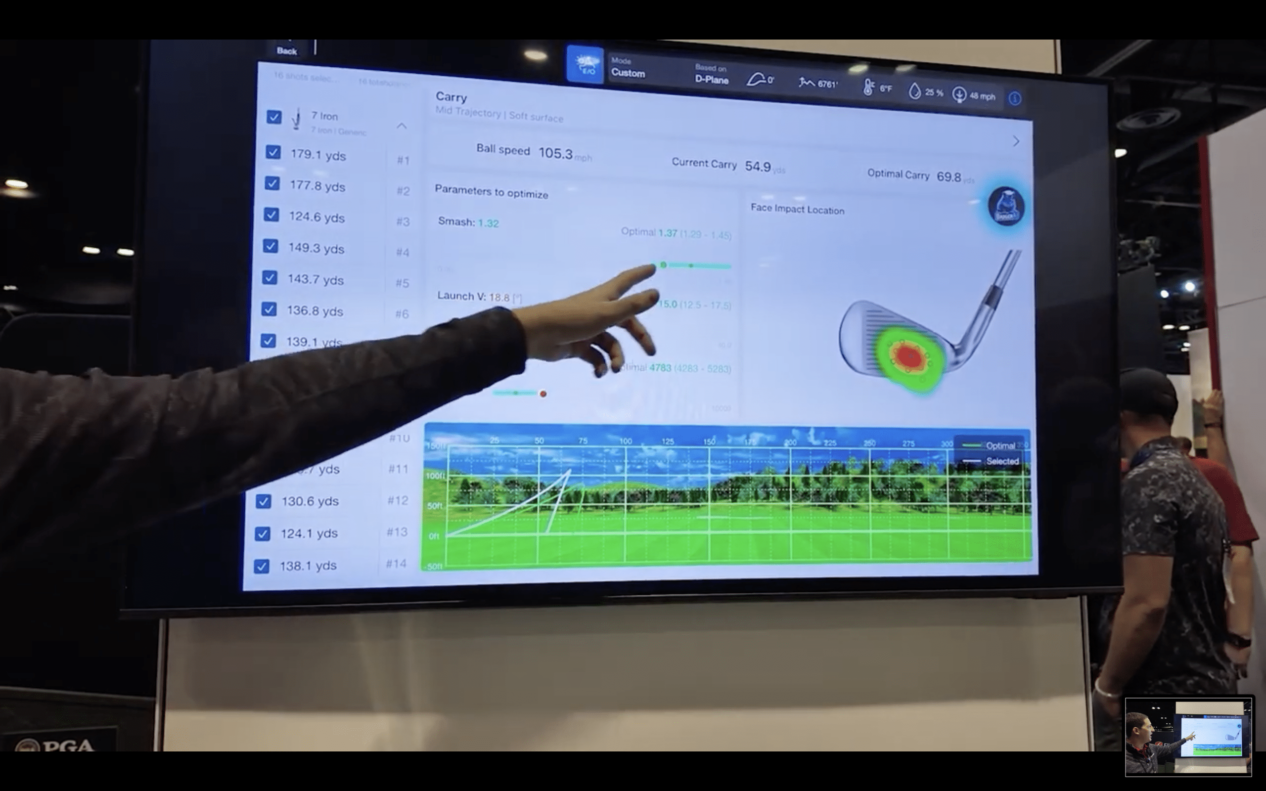Golfer analyzes swing data on simulator screen