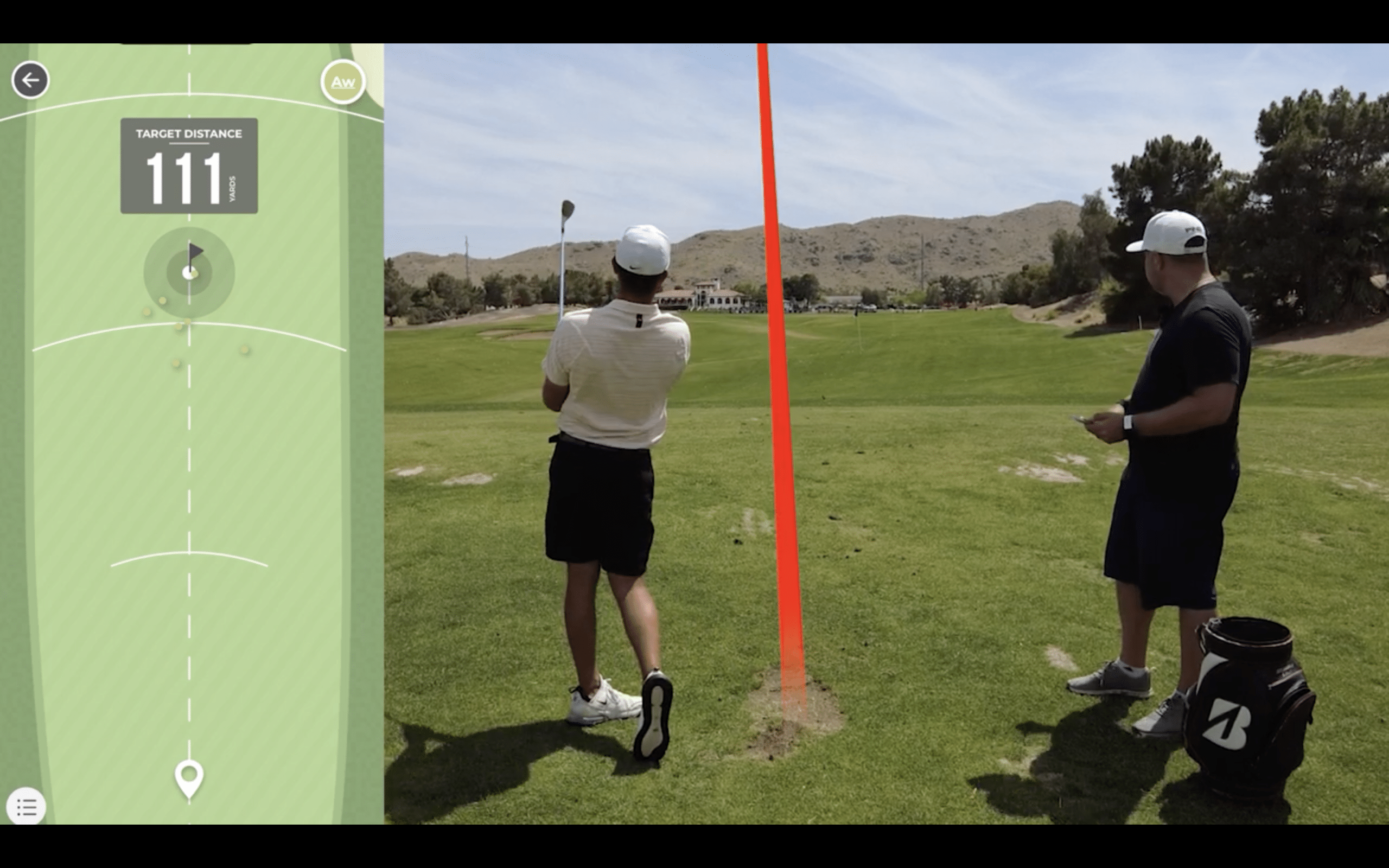 Golfer hitting shot with distance tracker overlay.