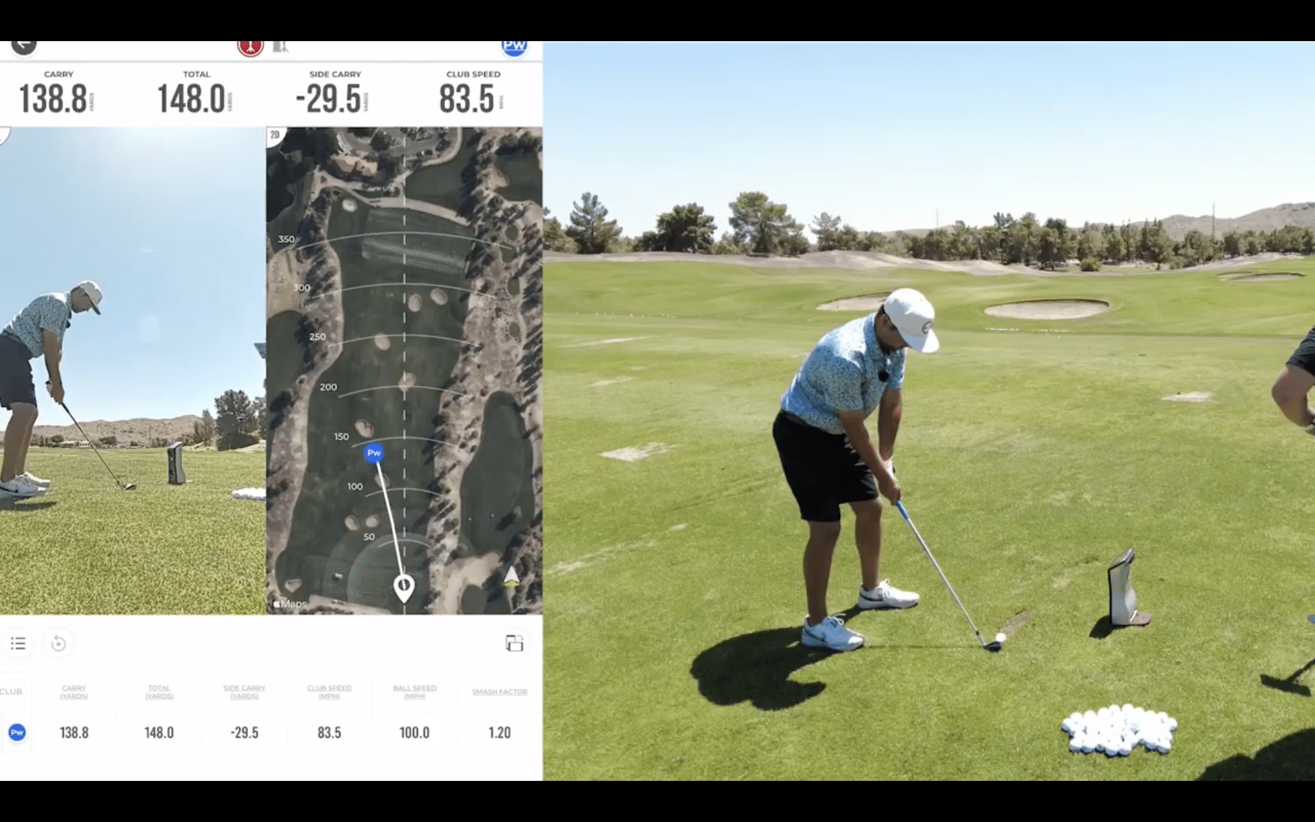 Golfer practicing swing with shot data display