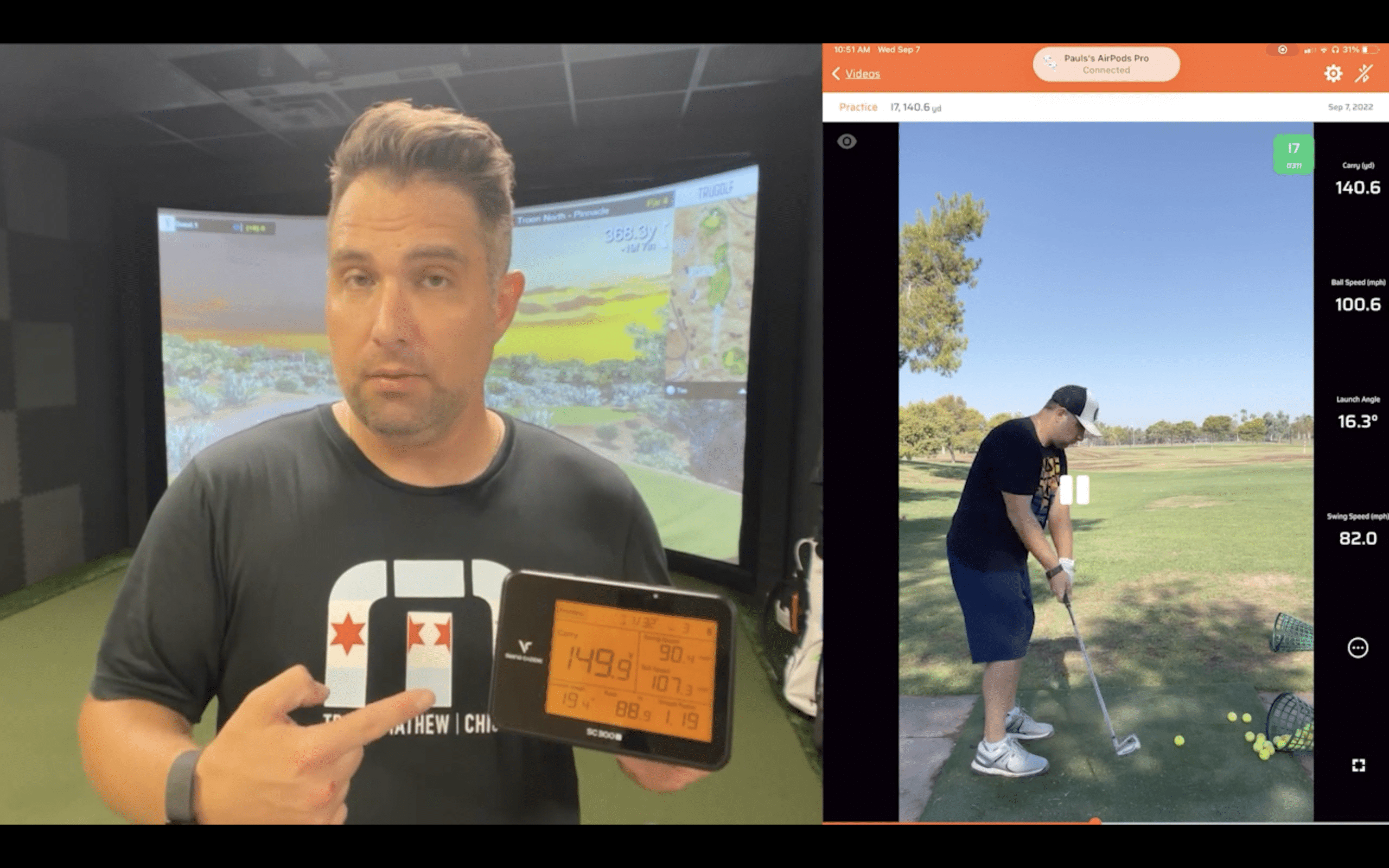 Man demonstrates golf swing analysis technology indoors and outdoors