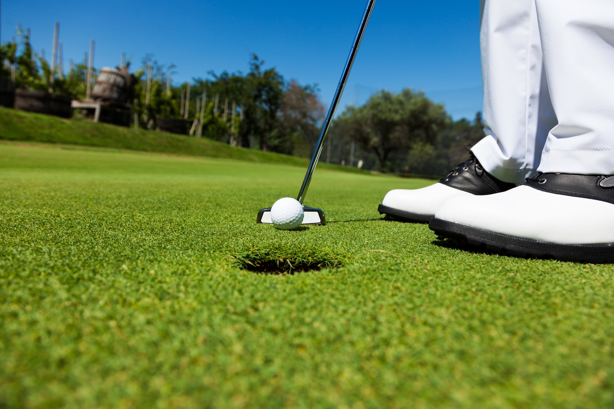 Golfer putting ball on green near hole