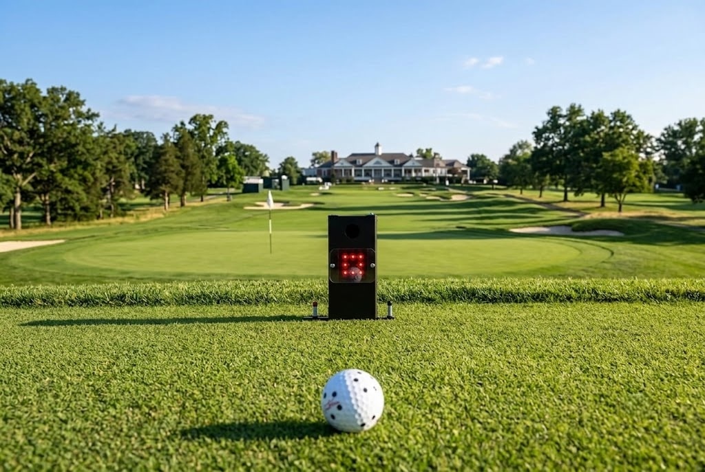 Golf ball on tee with launch monitor