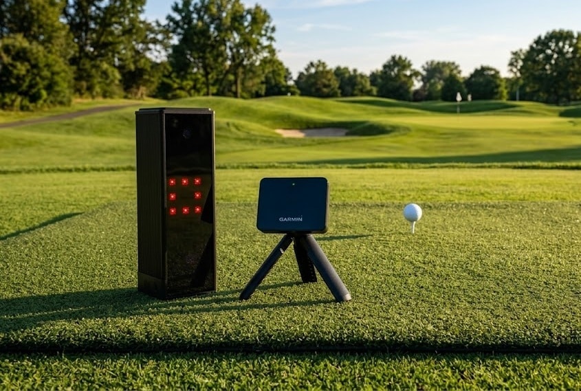 Golf launch monitor and ball on fairway