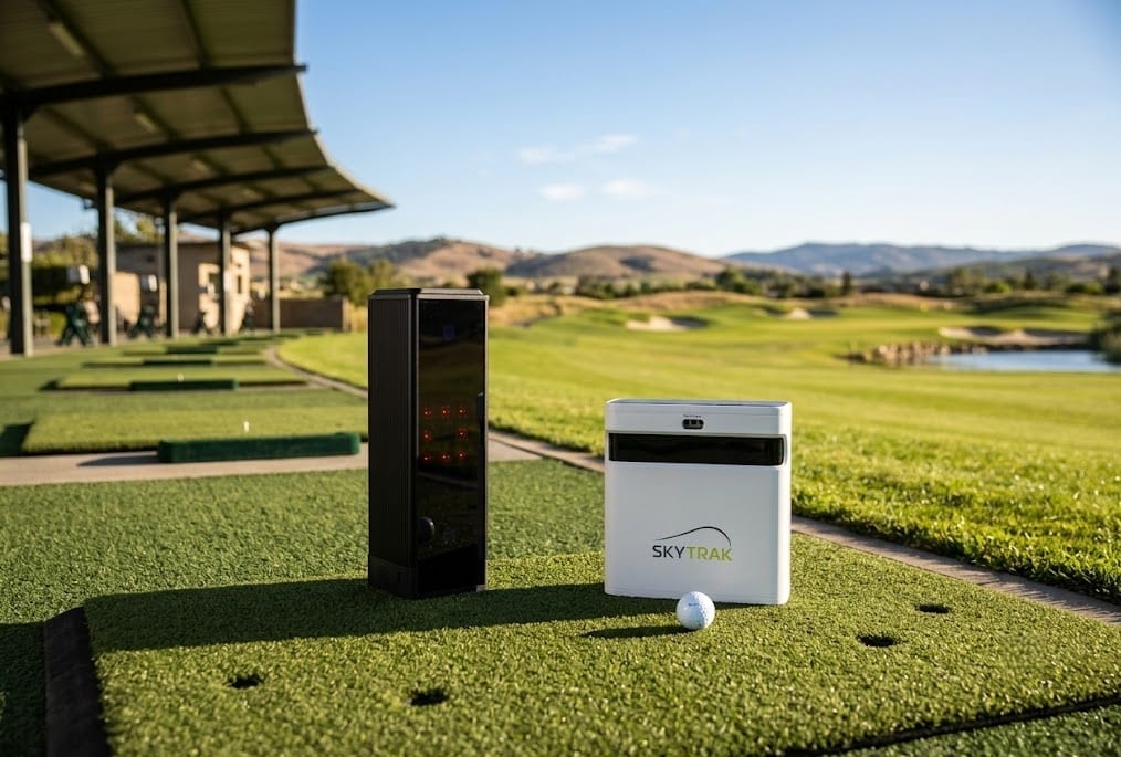 Golf launch monitors on driving range mat