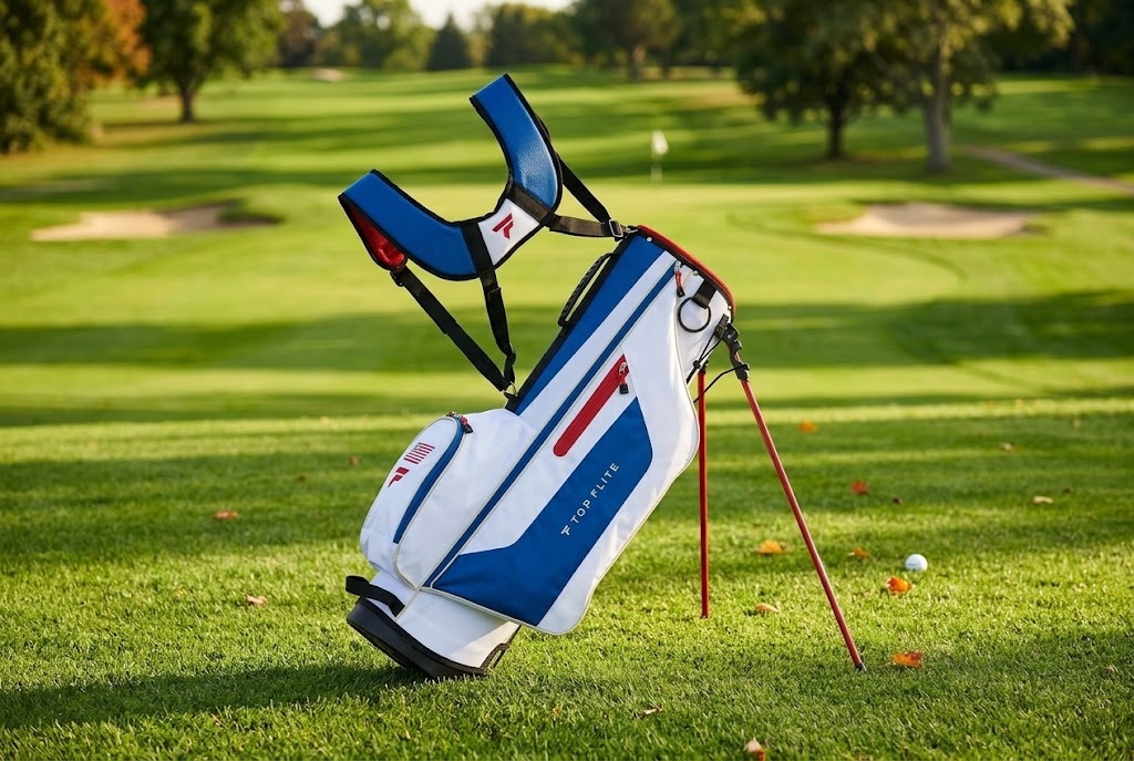 Blue and white golf bag on sunlit course