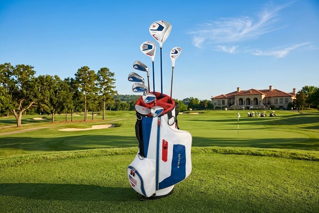 Golf bag with clubs on a manicured course