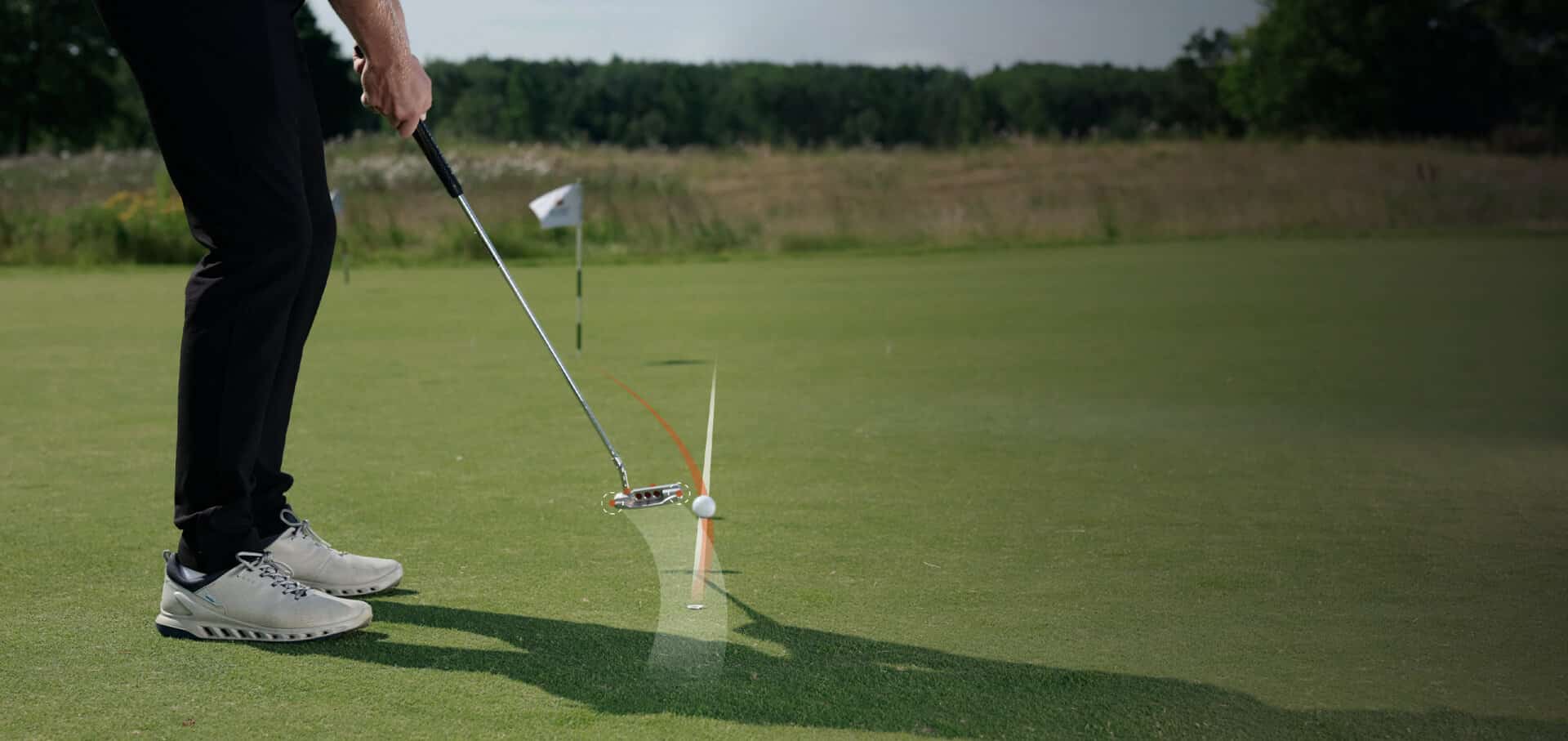 Golfer putting ball on green toward hole