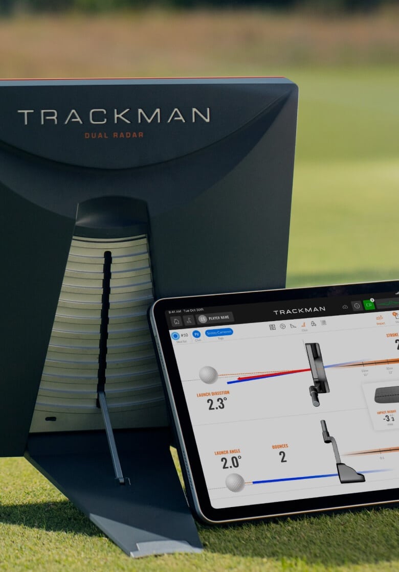 TrackMan golf launch monitor with data display tablet
