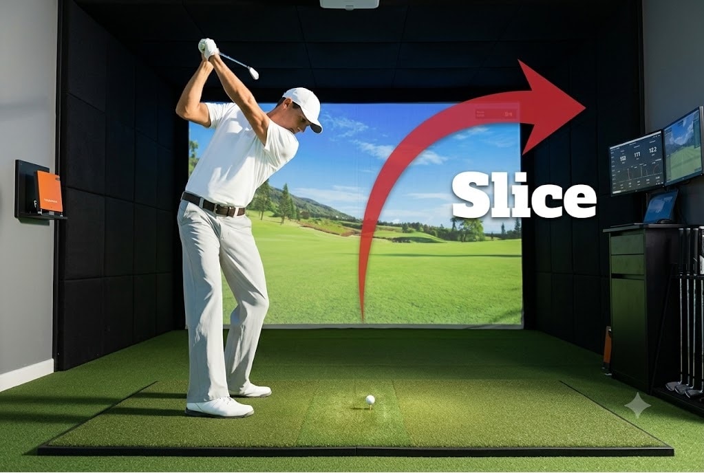 Golfer demonstrating slice in indoor simulator