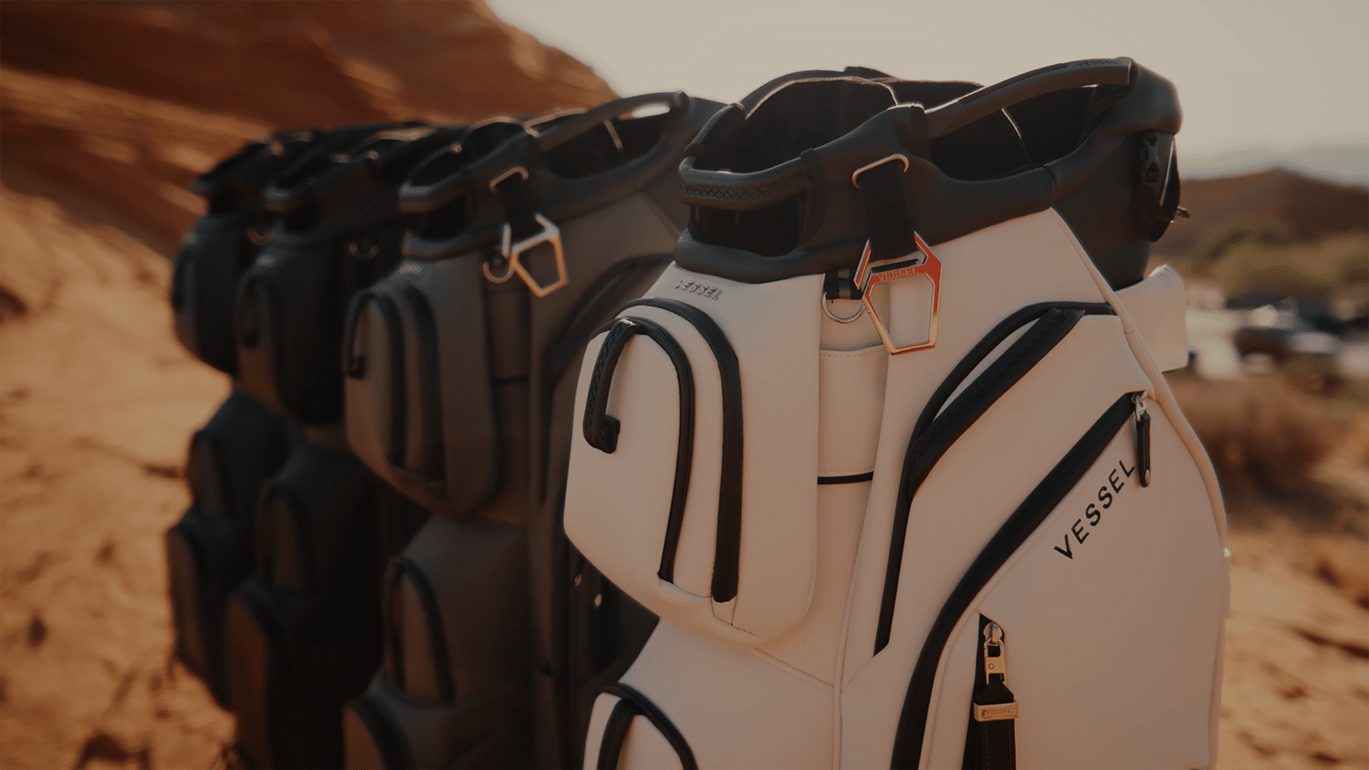 Premium Vessel golf bags in desert setting