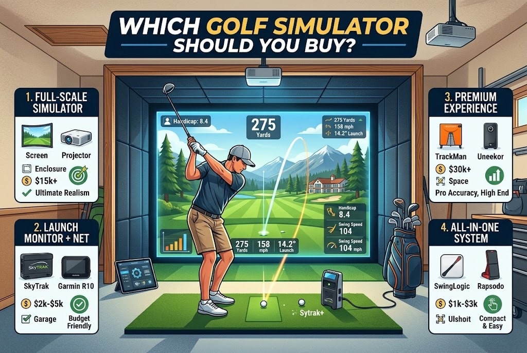 Infographic comparing golf simulator types and features