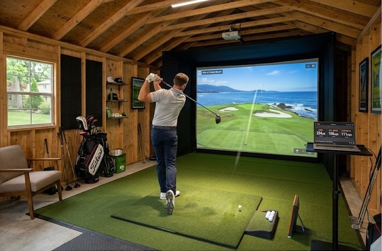 Man practicing golf in indoor simulator room