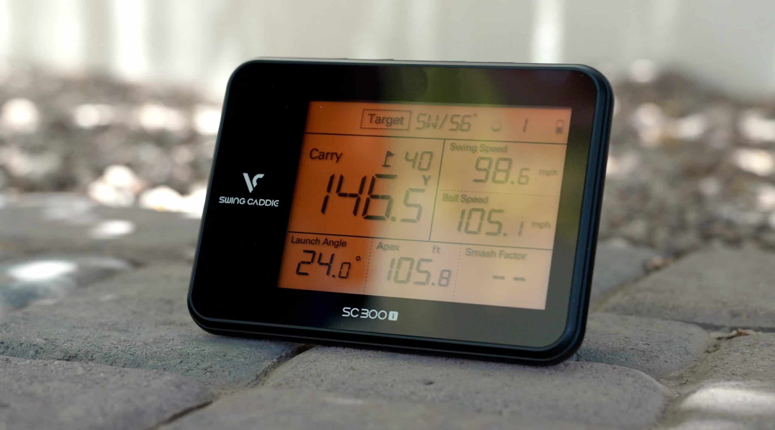 Swing Caddie golf launch monitor displaying shot data