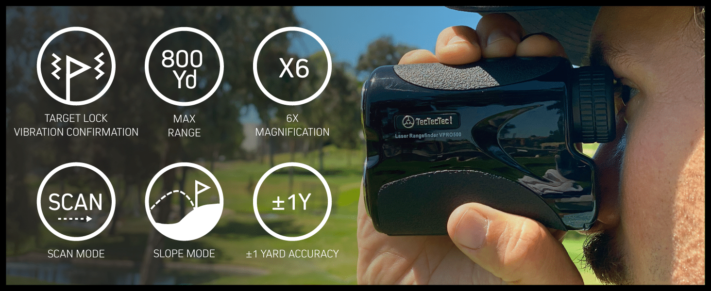 Golfer using TecTecTec rangefinder with key features