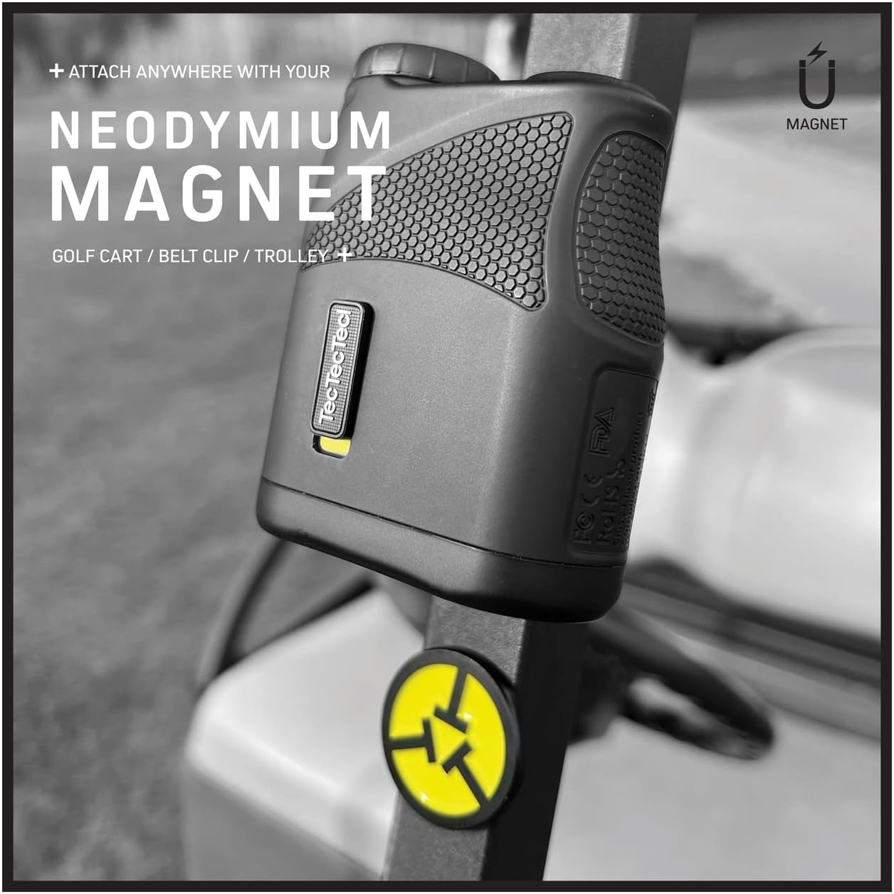 Golf rangefinder with neodymium magnet attachment