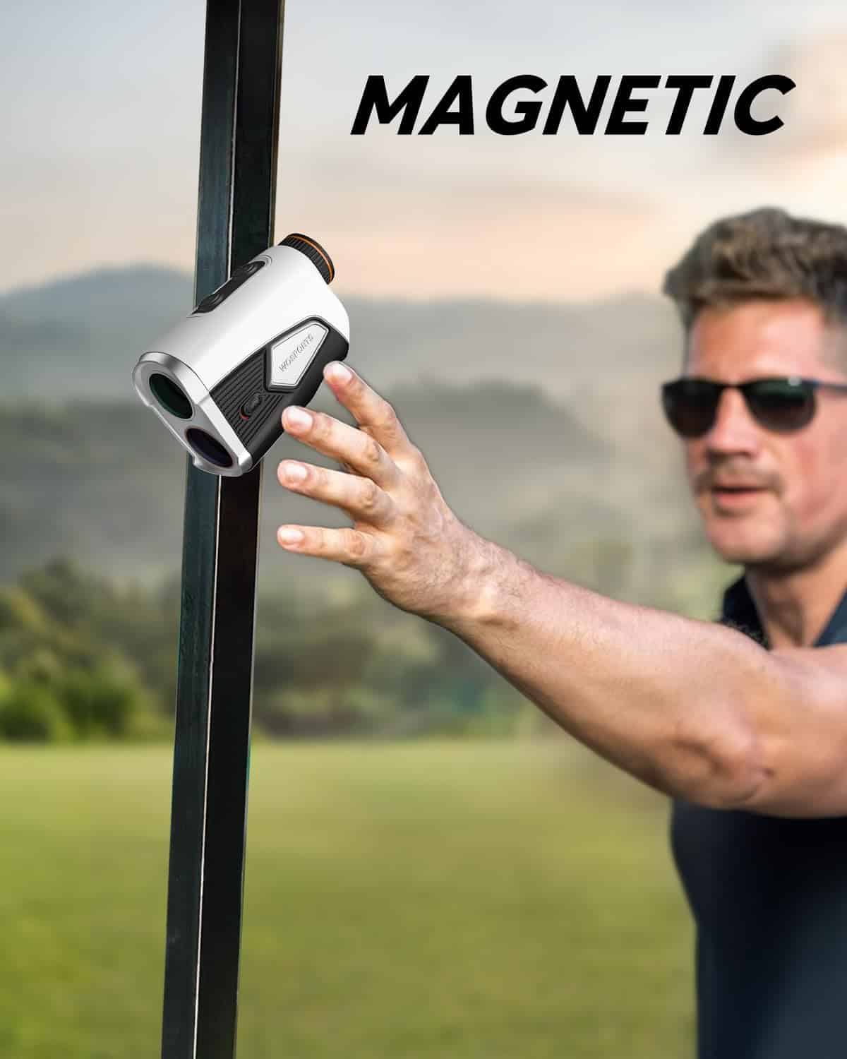 Man attaching magnetic rangefinder to metal post outdoors