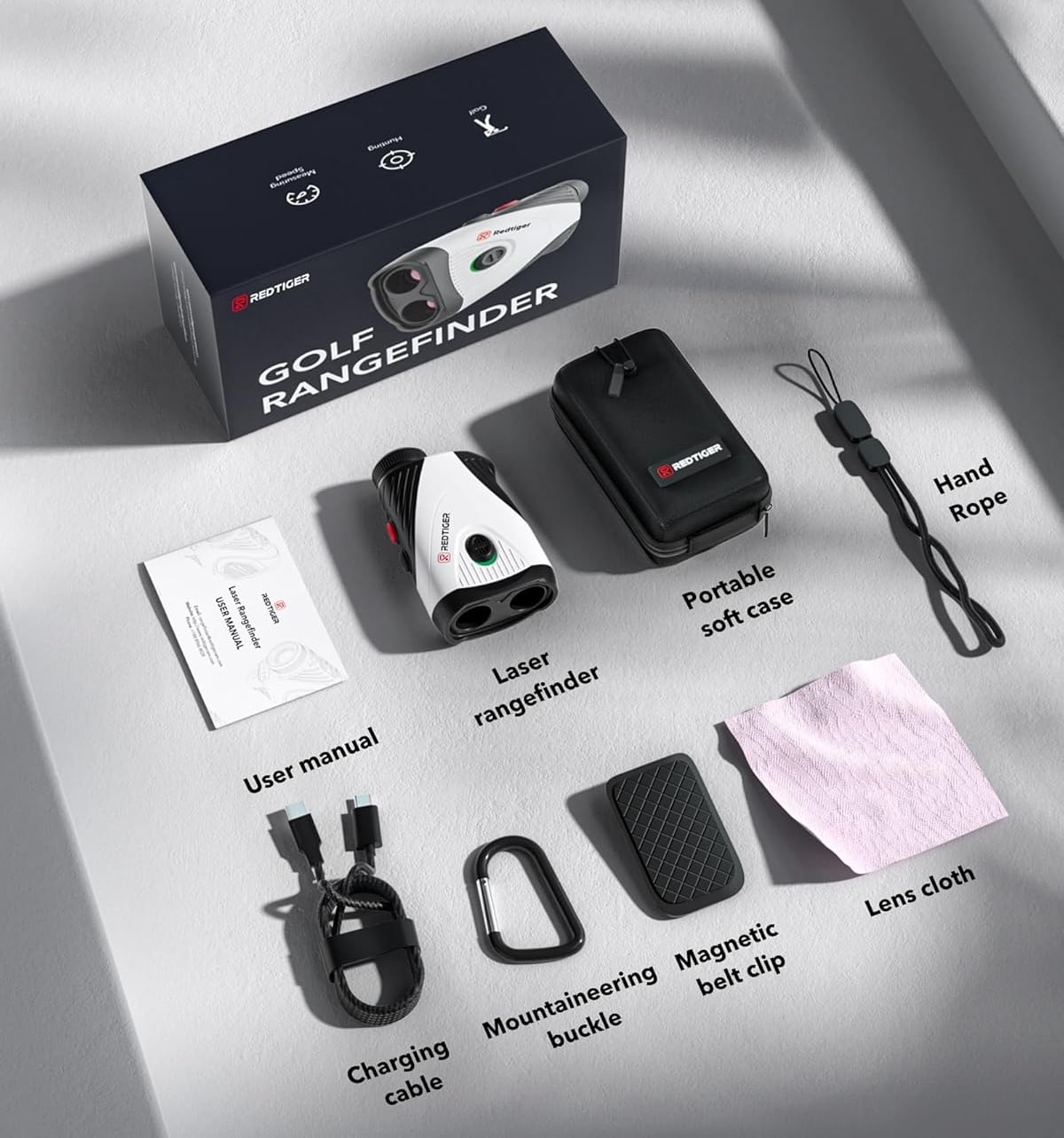 Golf rangefinder set with accessories and carrying case