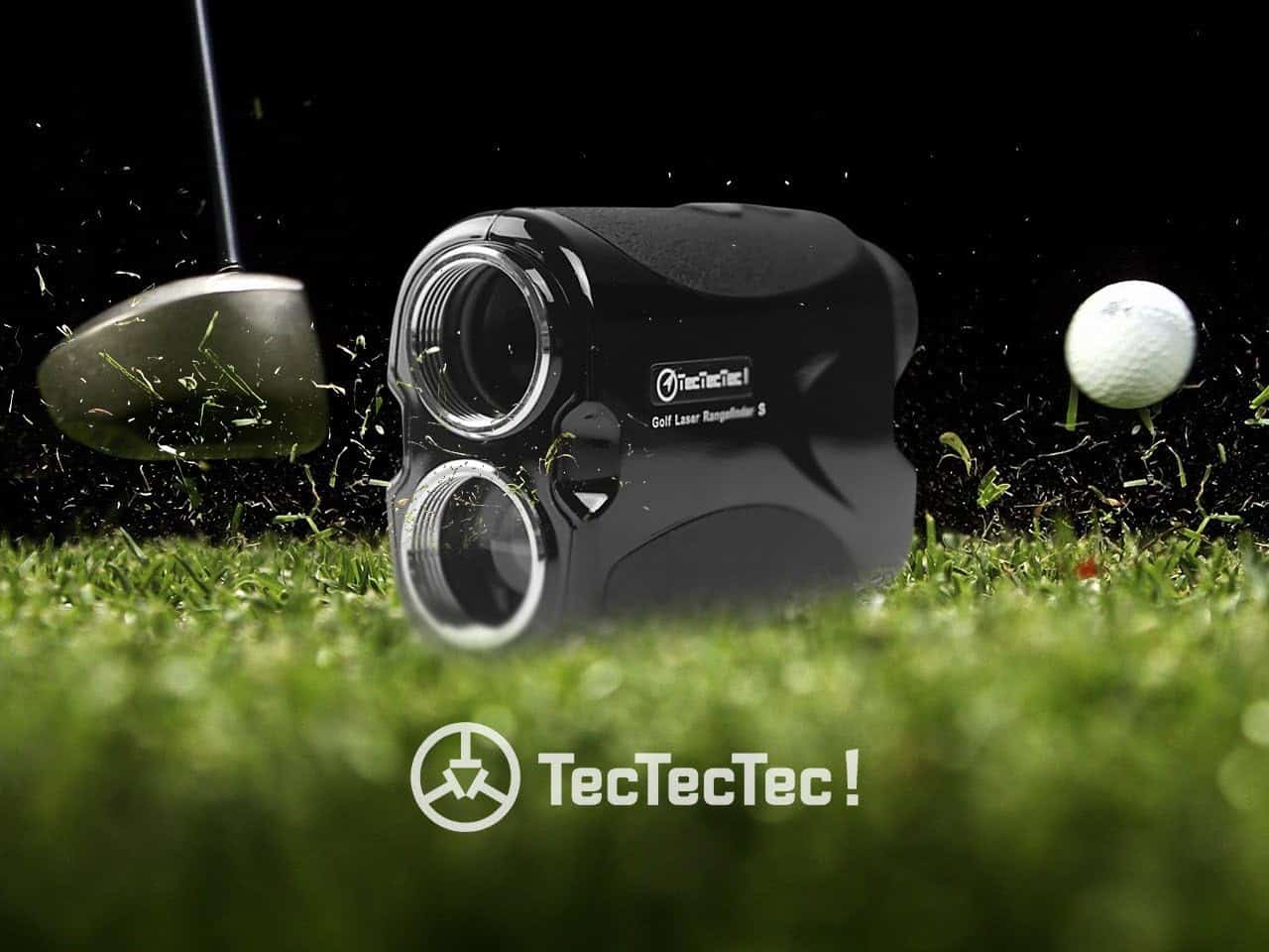 TecTecTec golf laser rangefinder beside golf swing