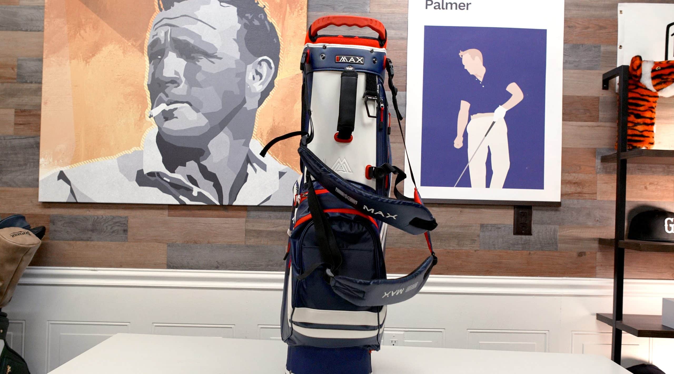 Blue and white golf bag on display indoors