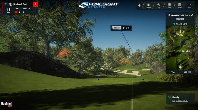 Golf simulation showing fairway and distance marker