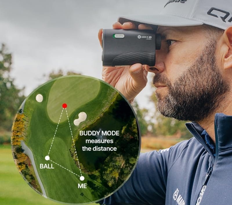 Golfer using rangefinder with buddy mode distance measurement