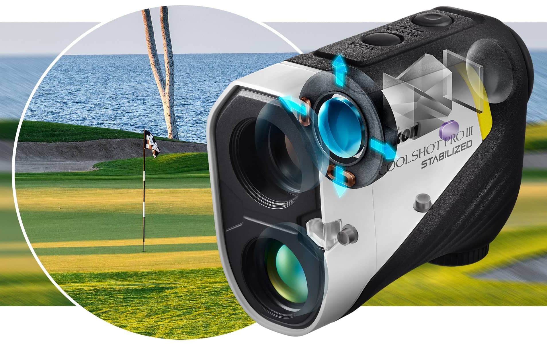 Golf rangefinder aimed at flagstick on course