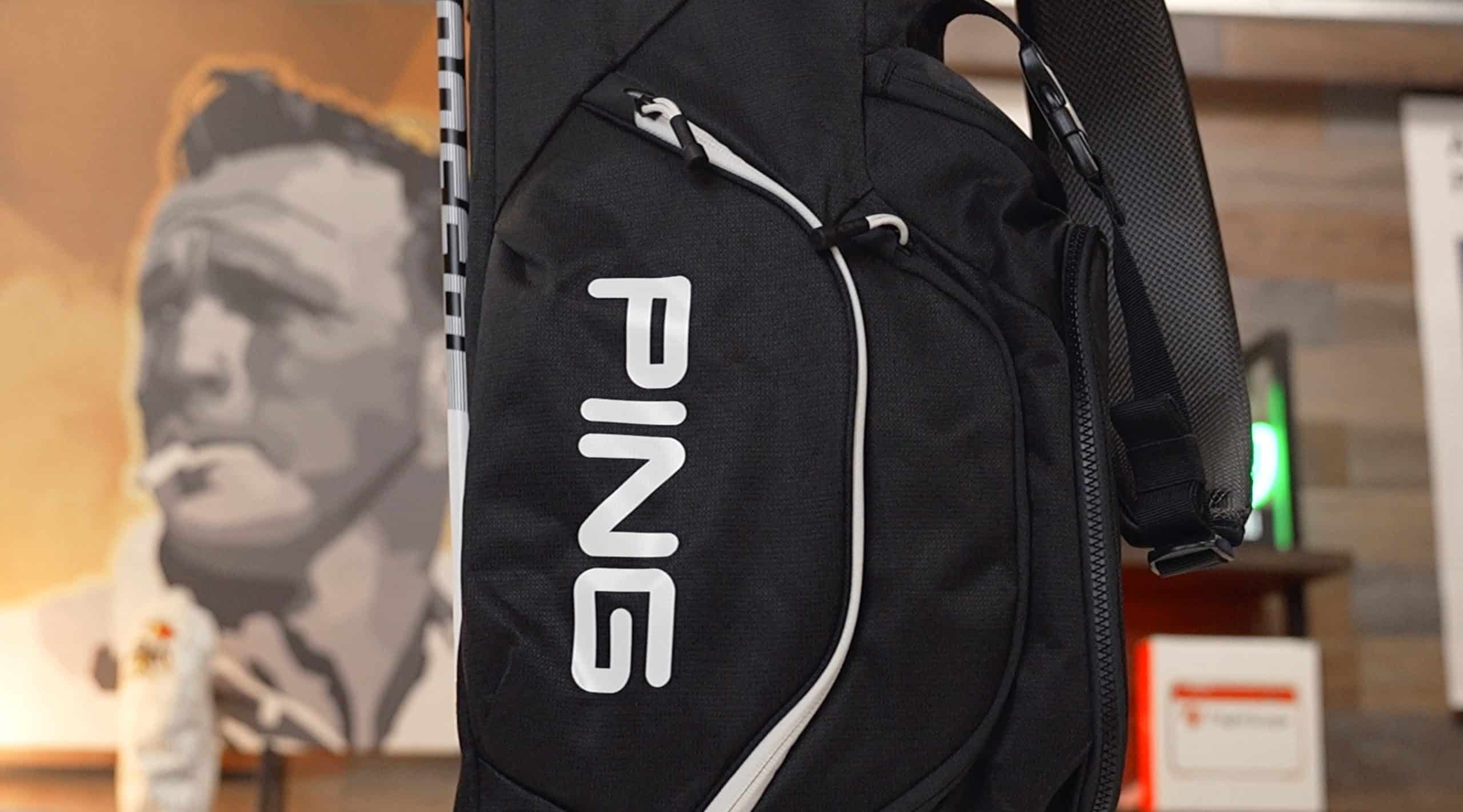 Black PING golf bag with white logo
