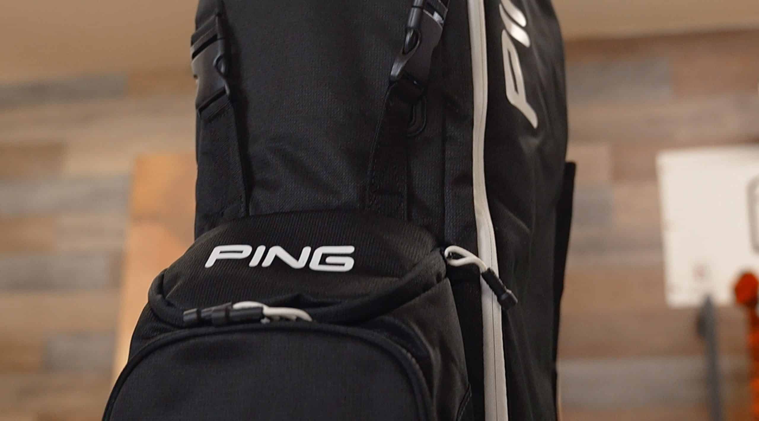 Black PING golf bag indoors