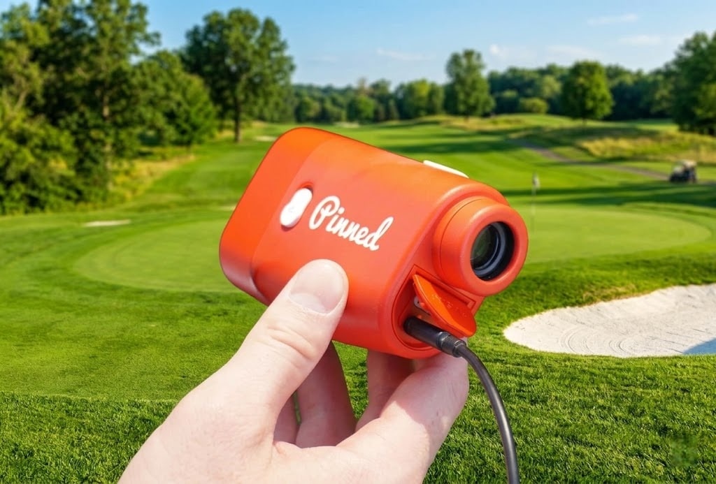 Hand holding orange golf rangefinder on course