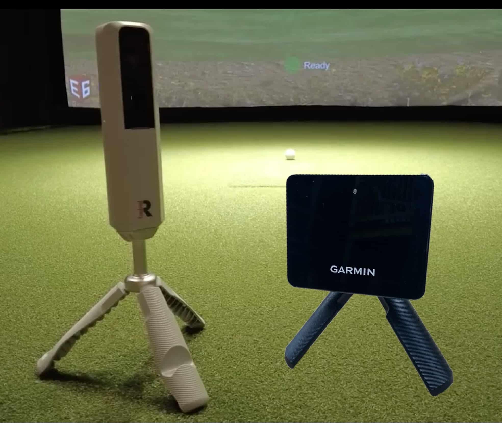 Golf launch monitors on indoor simulator turf