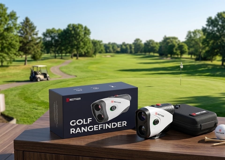Golf rangefinder on table overlooking green course
