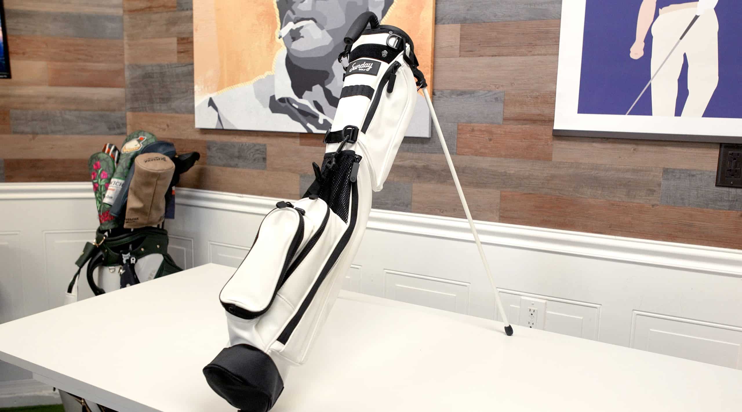White golf bag on display table