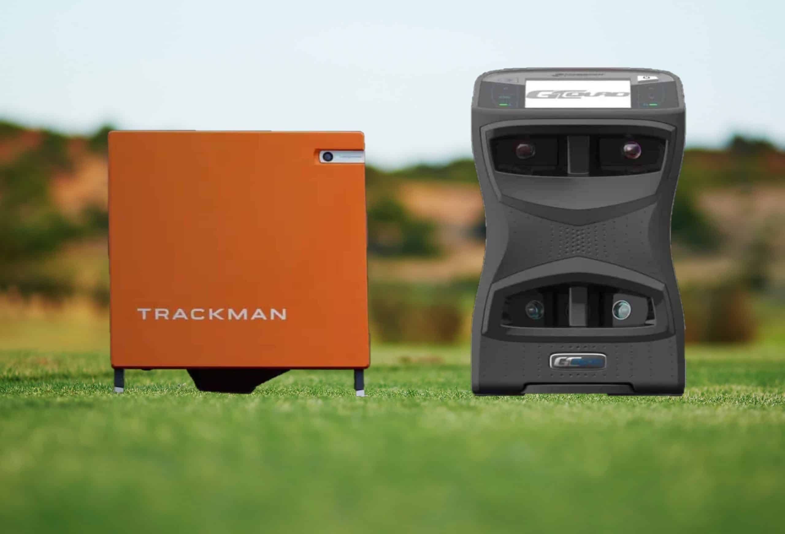 Trackman and GCQuad golf launch monitors on grass